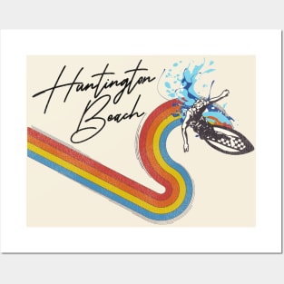 Retro 70s/80s Style Rainbow Surfing Wave Huntington Beach Posters and Art